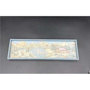 Vintage Wooden Wall Hanger Or Counter Tray With Mountain Scene 18.5 x 5.5”